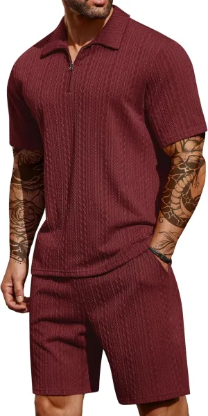 COOFANDY Men's 2 Pieces Outfits Casual Quarter Zip Polo Shirt and Shorts Set Athletic Jogging Summer Tracksuit
