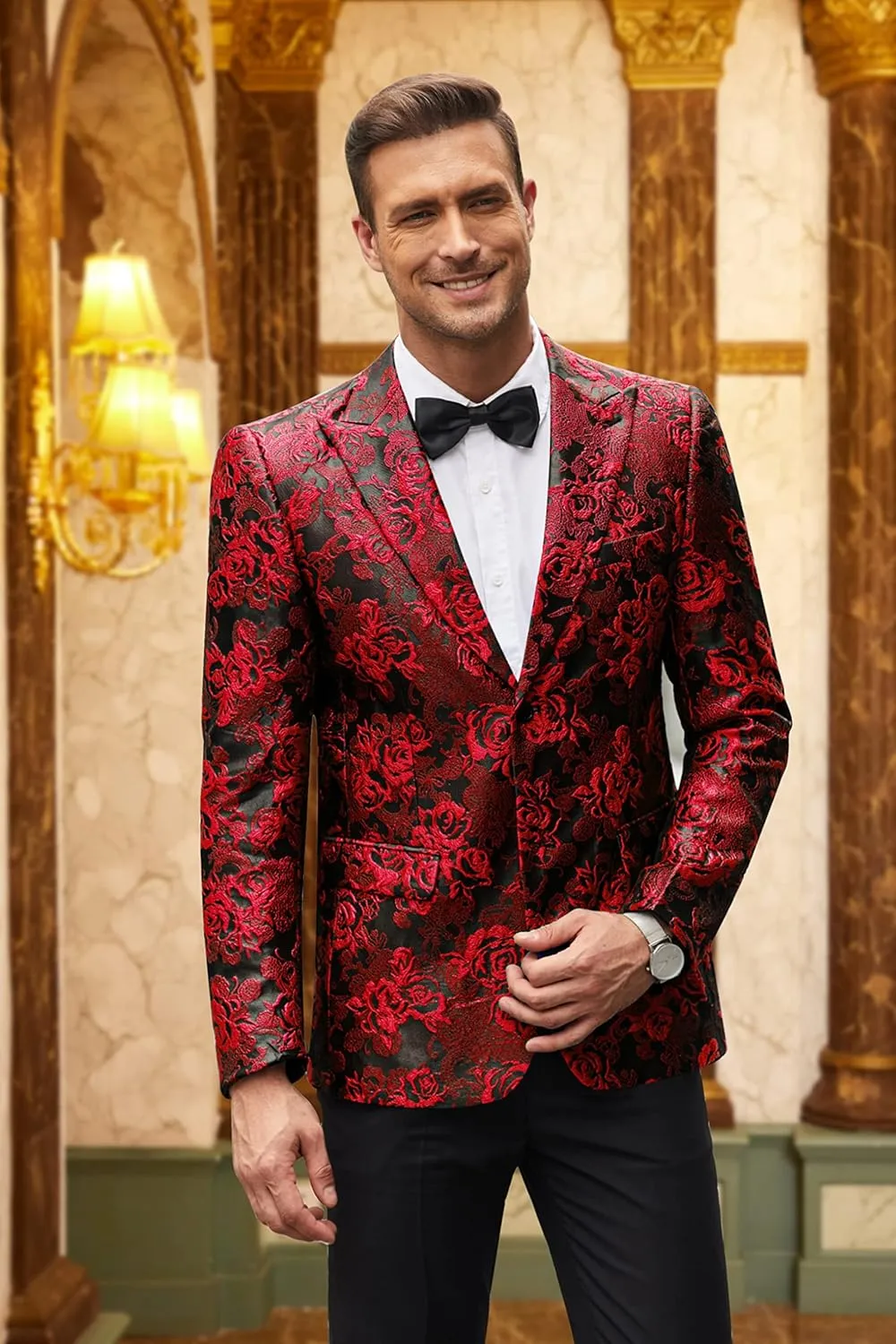 COOFANDY Men's Floral Tuxedo Jacket Rose Embroidered Suit Jacket Wedding Prom Dinner Party Blazer