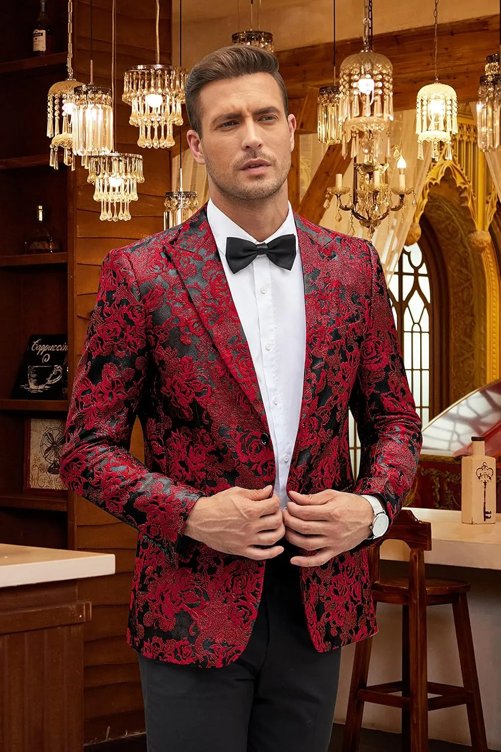 COOFANDY Men's Floral Tuxedo Jacket Rose Embroidered Suit Jacket Wedding Prom Dinner Party Blazer