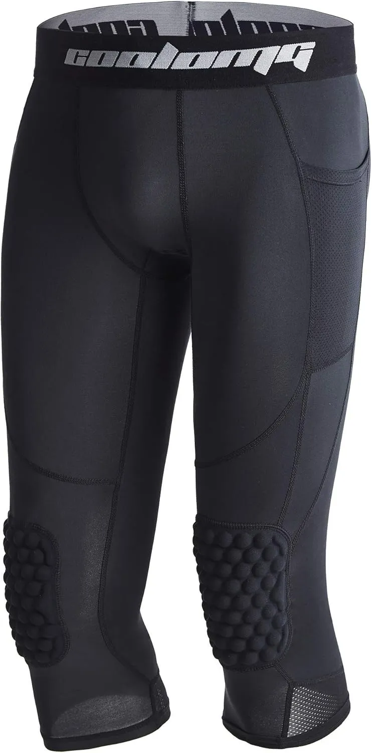 COOLOMG Basketball Leggings with Knee Pads for Kids Youth 3/4 Compression Pants Capri Tights Side Pockets