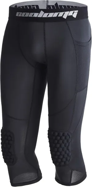 COOLOMG Basketball Leggings with Knee Pads for Kids Youth 3/4 Compression Pants Capri Tights Side Pockets