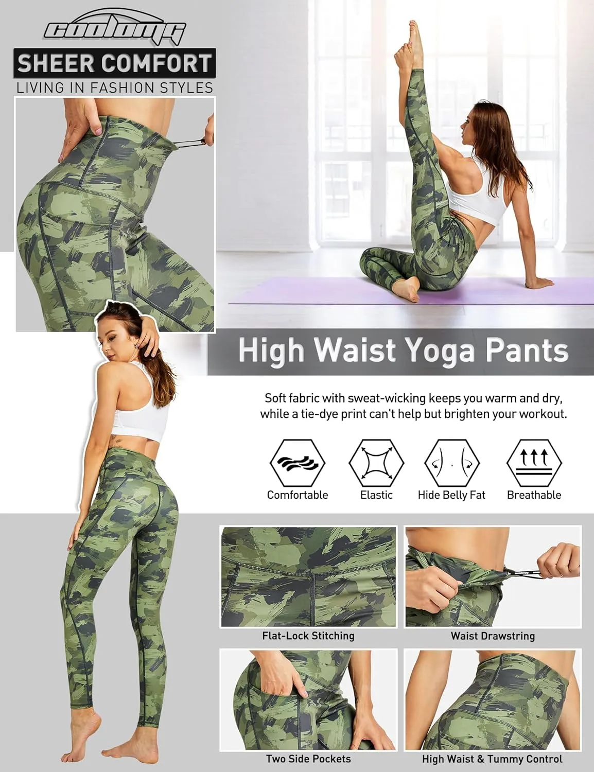 COOLOMG High Waist Yoga Pants with Pockets for Women Thick Tummy Control Workout Gym Running Leggings