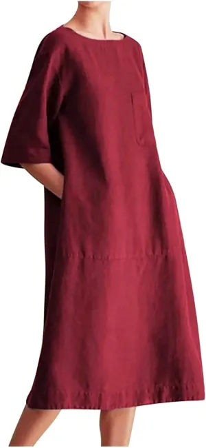 Cotton Linen Dresses for Women Casual Summer 2023 Fashion t-Shirt Midi Dress Half Sleeve Crewneck Loose Baggy Sundress