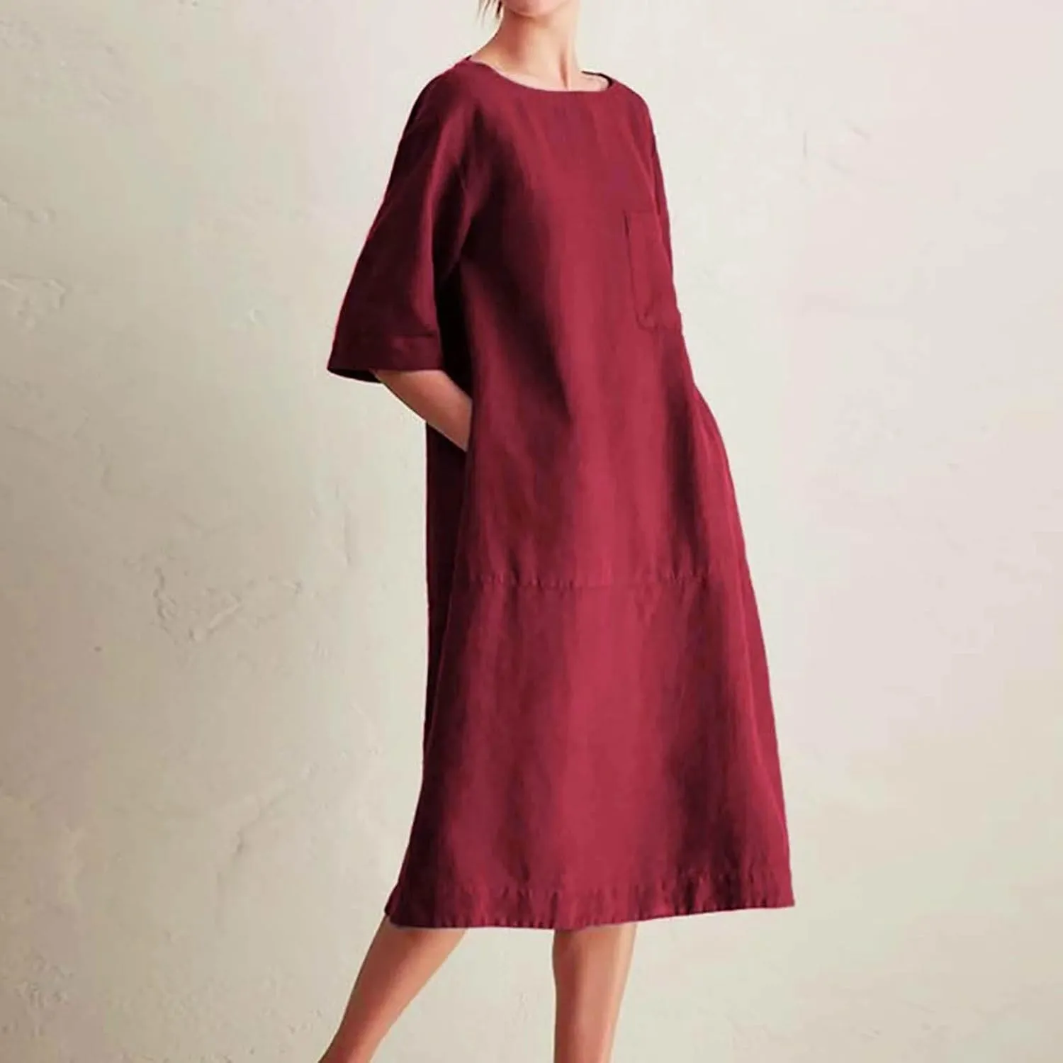 Cotton Linen Dresses for Women Casual Summer 2023 Fashion t-Shirt Midi Dress Half Sleeve Crewneck Loose Baggy Sundress