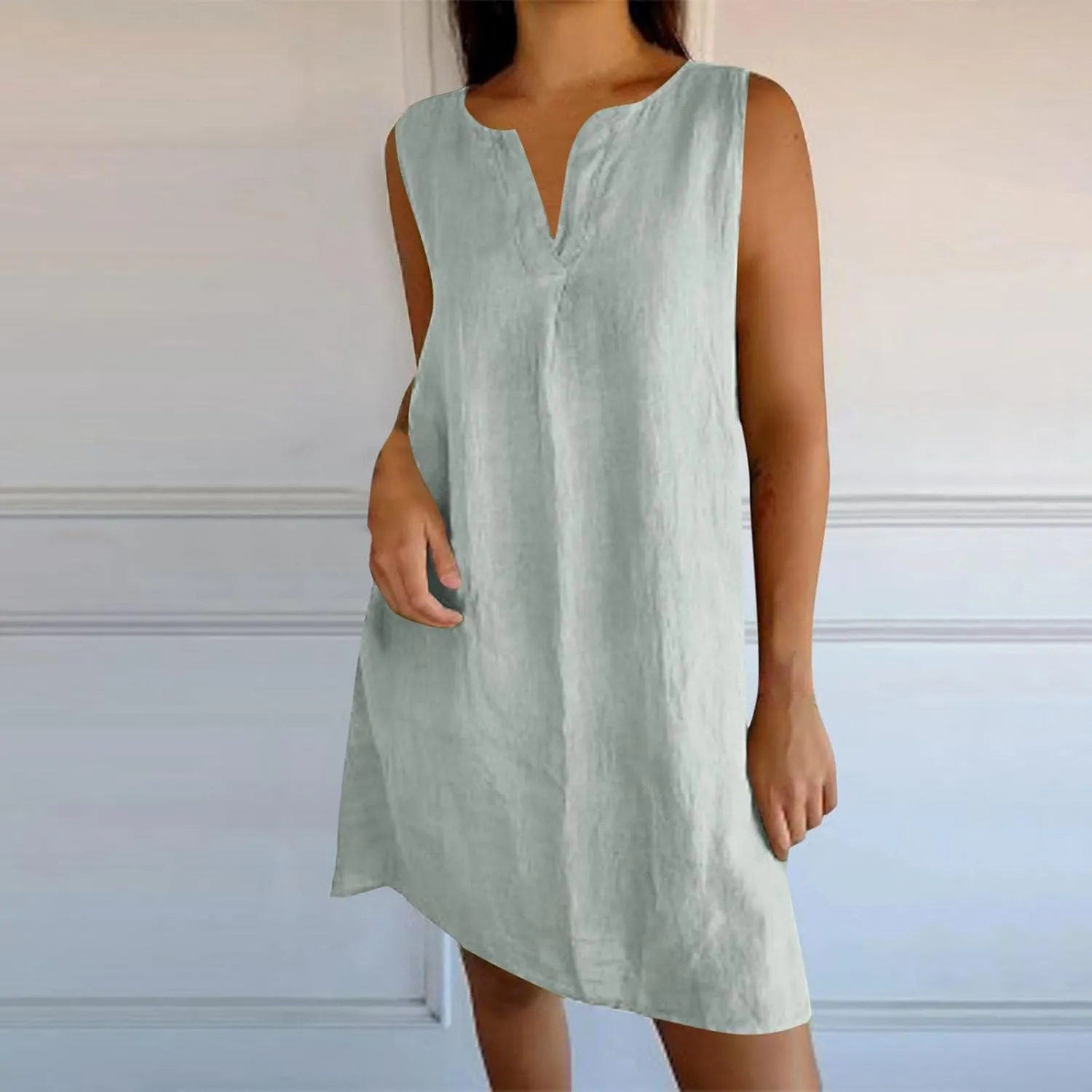 Cotton Linen Tank Dress for Women Sleeveless V Neck Beach Tshirt Sundress 2025 Summer Solid Lightweight Mini Dresses