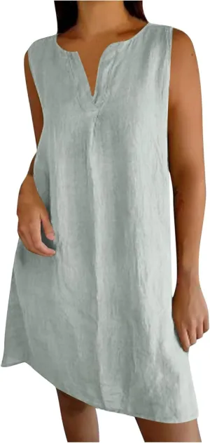 Cotton Linen Tank Dress for Women Sleeveless V Neck Beach Tshirt Sundress 2025 Summer Solid Lightweight Mini Dresses