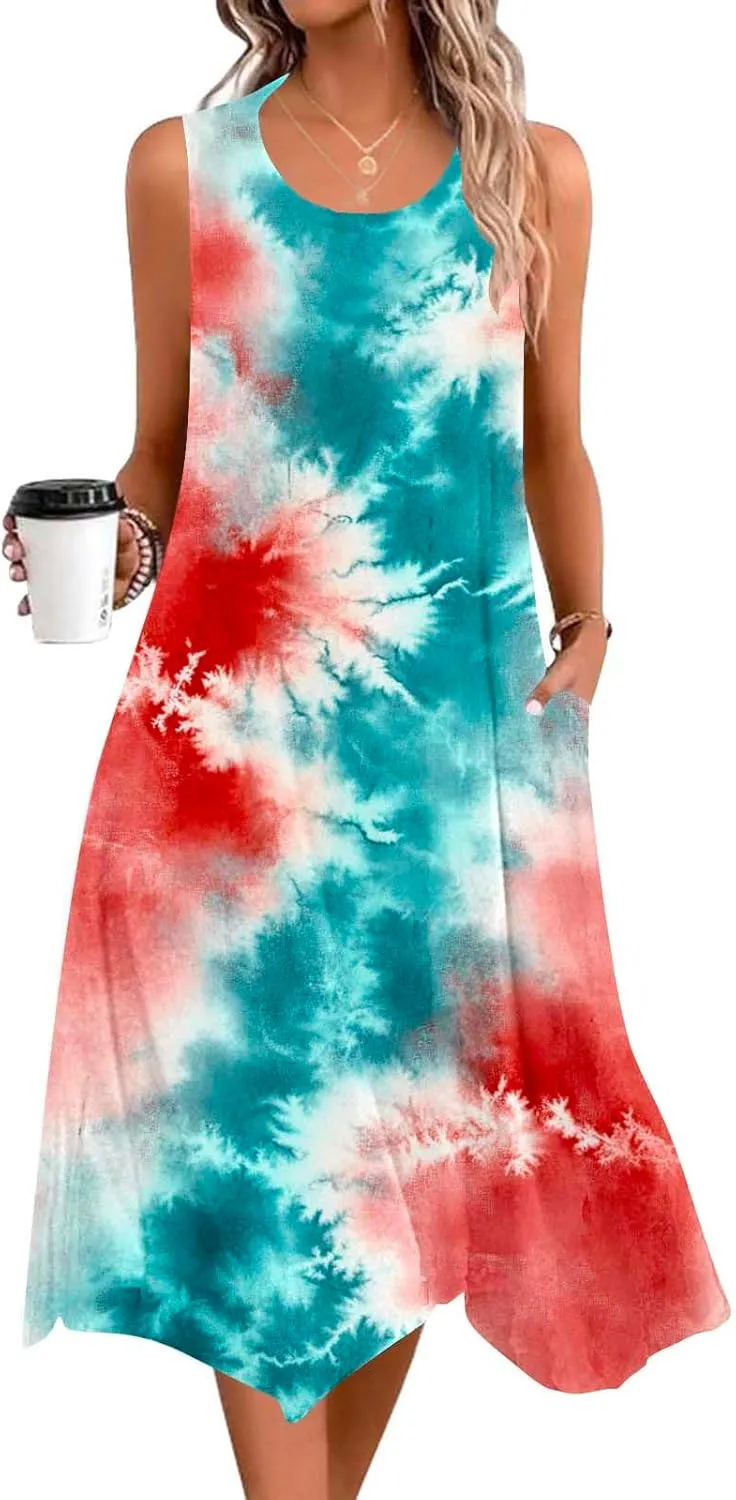 Cute Dresses for Women Casual Crewneck Sleeveless Floral Flowy Sundresses 2025 Beach Vacation Summer Hawaiian Dress