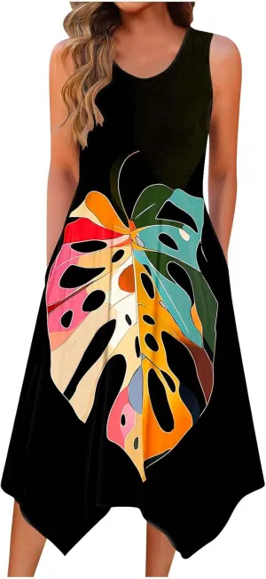 Cute Dresses for Women Casual Crewneck Sleeveless Floral Flowy Sundresses 2025 Beach Vacation Summer Hawaiian Dress