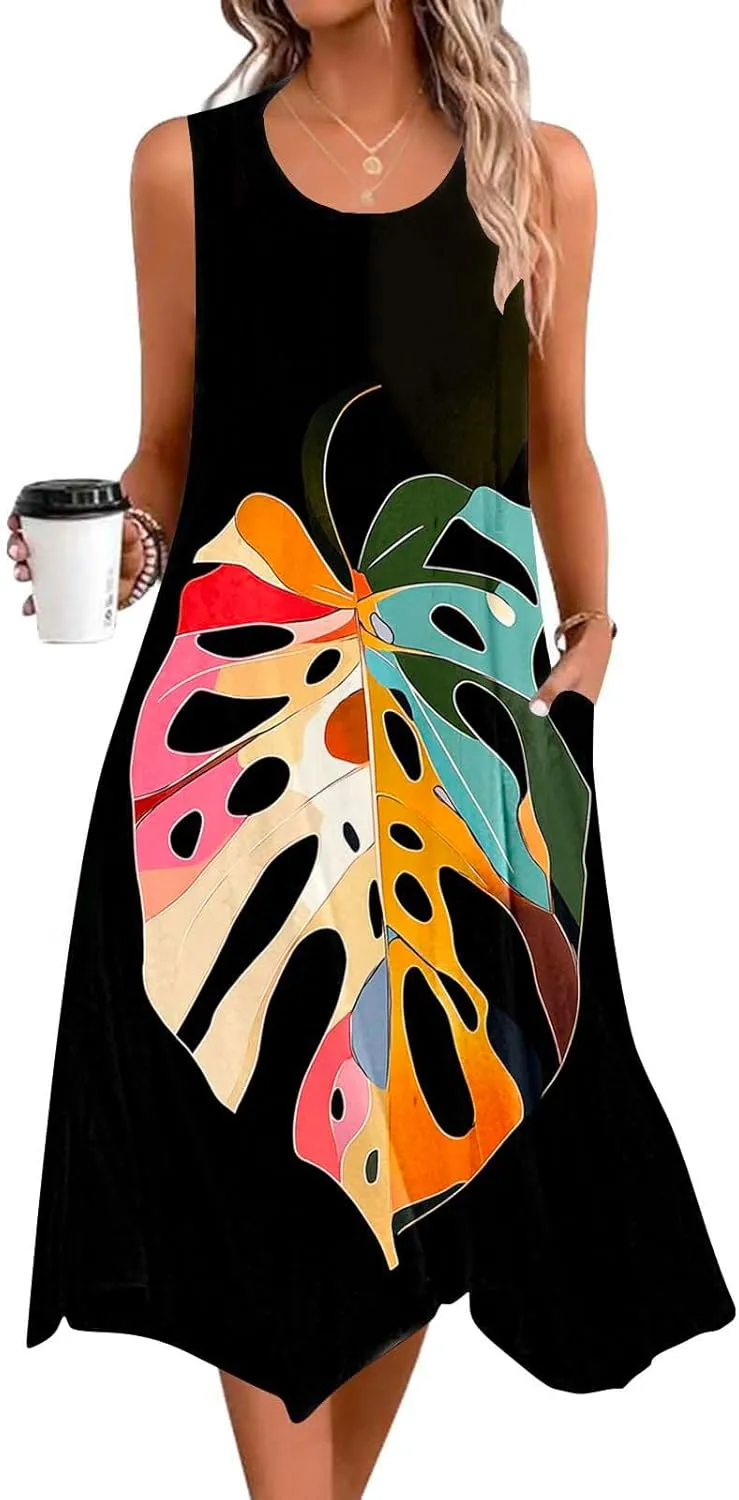 Cute Dresses for Women Casual Crewneck Sleeveless Floral Flowy Sundresses 2025 Beach Vacation Summer Hawaiian Dress