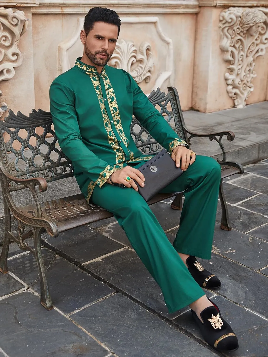 Daupanzees Men's African 2 Piece Set Luxury Traditional Suit Gold Print Dashiki Shirt and Pants Outfit