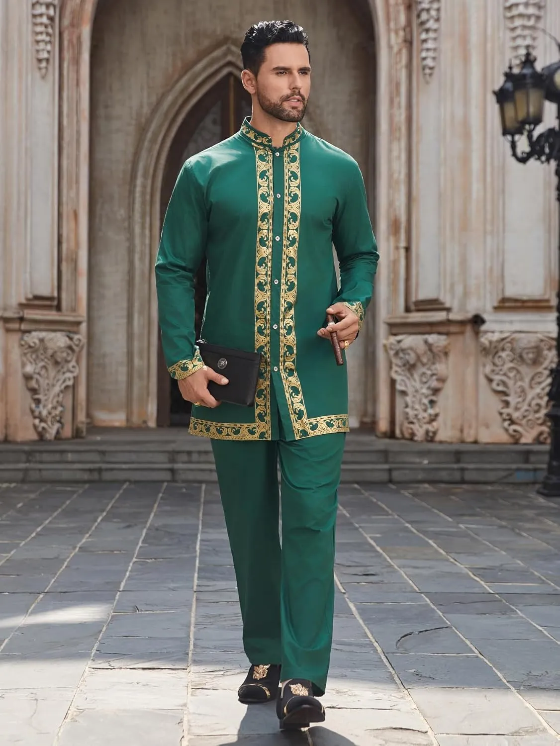 Daupanzees Men's African 2 Piece Set Luxury Traditional Suit Gold Print Dashiki Shirt and Pants Outfit
