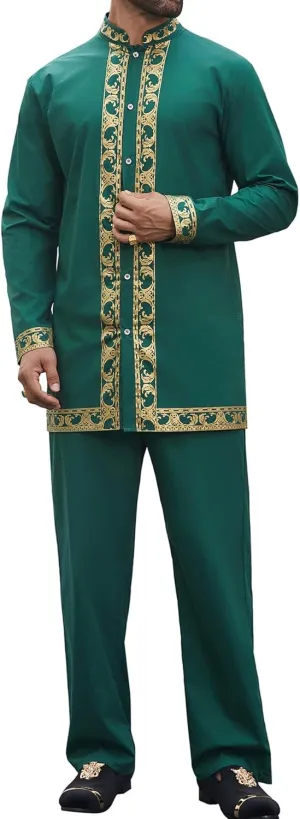 Daupanzees Men's African 2 Piece Set Luxury Traditional Suit Gold Print Dashiki Shirt and Pants Outfit