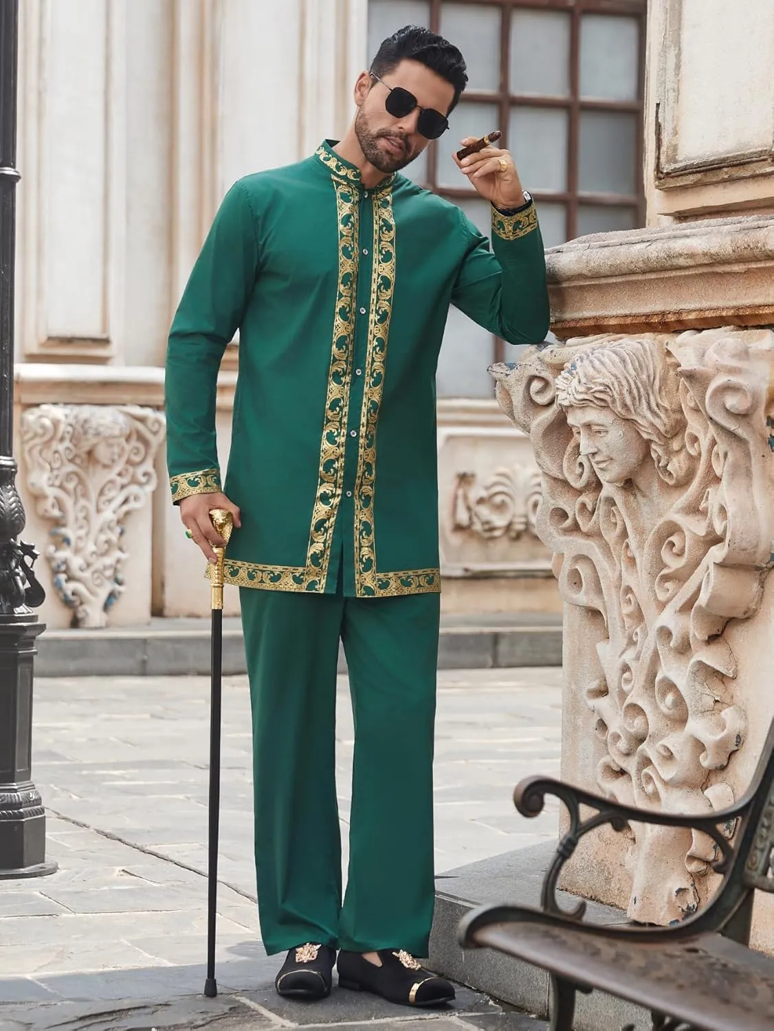 Daupanzees Men's African 2 Piece Set Luxury Traditional Suit Gold Print Dashiki Shirt and Pants Outfit
