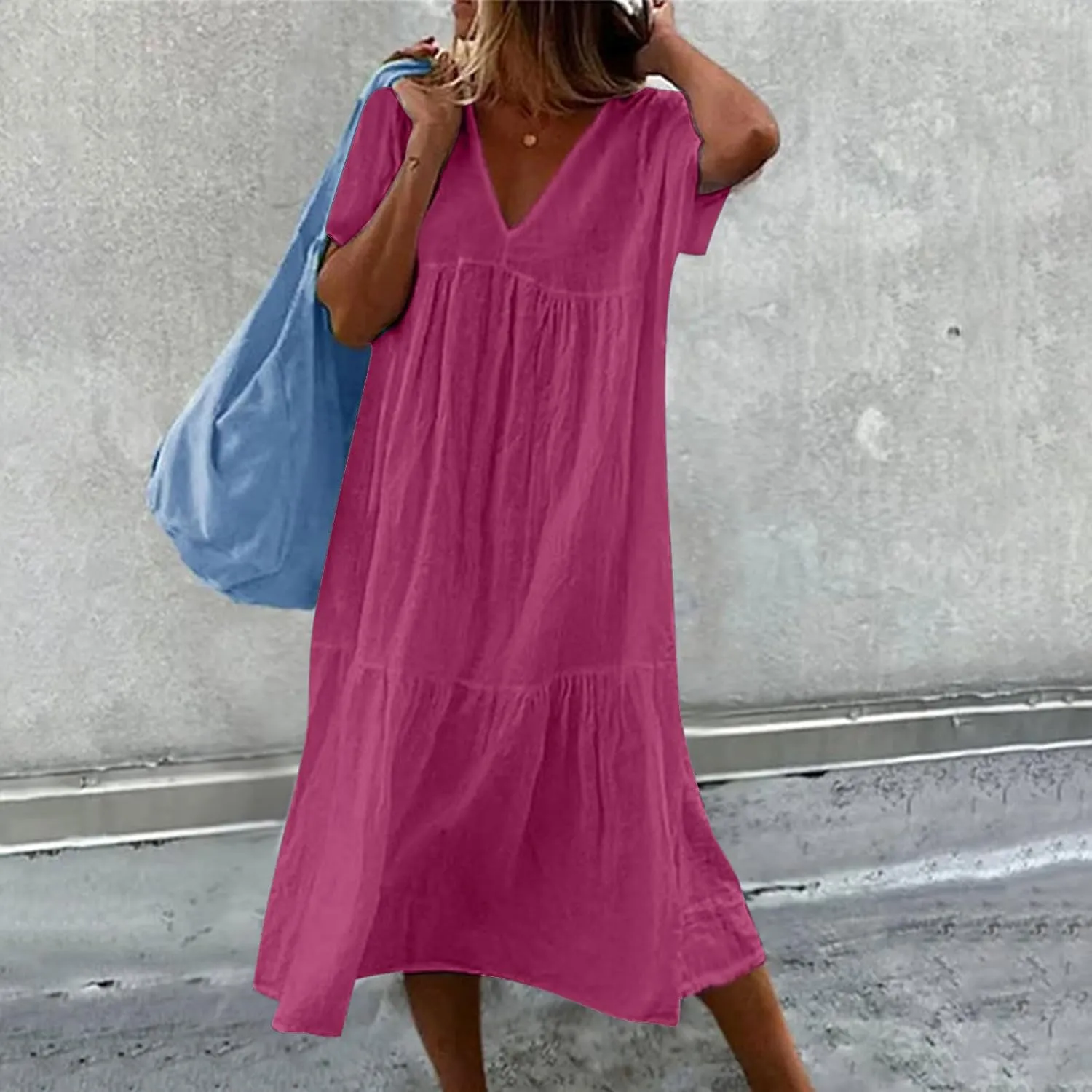 Dresses for Women 2024 Casual Tiered Gradient Summer Flowy Dresses V Neck Short Sleeve Loose Maxi Sundress Dresses
