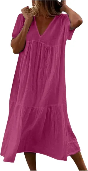 Dresses for Women 2024 Casual Tiered Gradient Summer Flowy Dresses V Neck Short Sleeve Loose Maxi Sundress Dresses