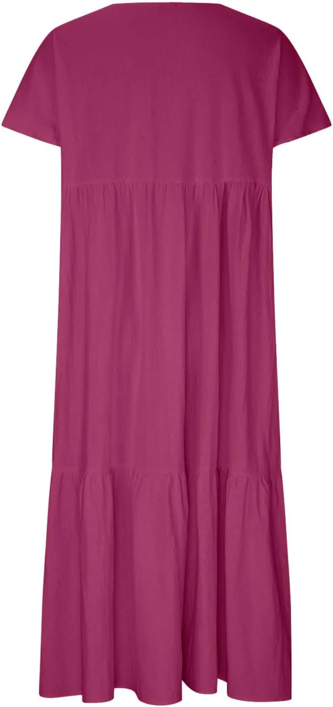 Dresses for Women 2024 Casual Tiered Gradient Summer Flowy Dresses V Neck Short Sleeve Loose Maxi Sundress Dresses