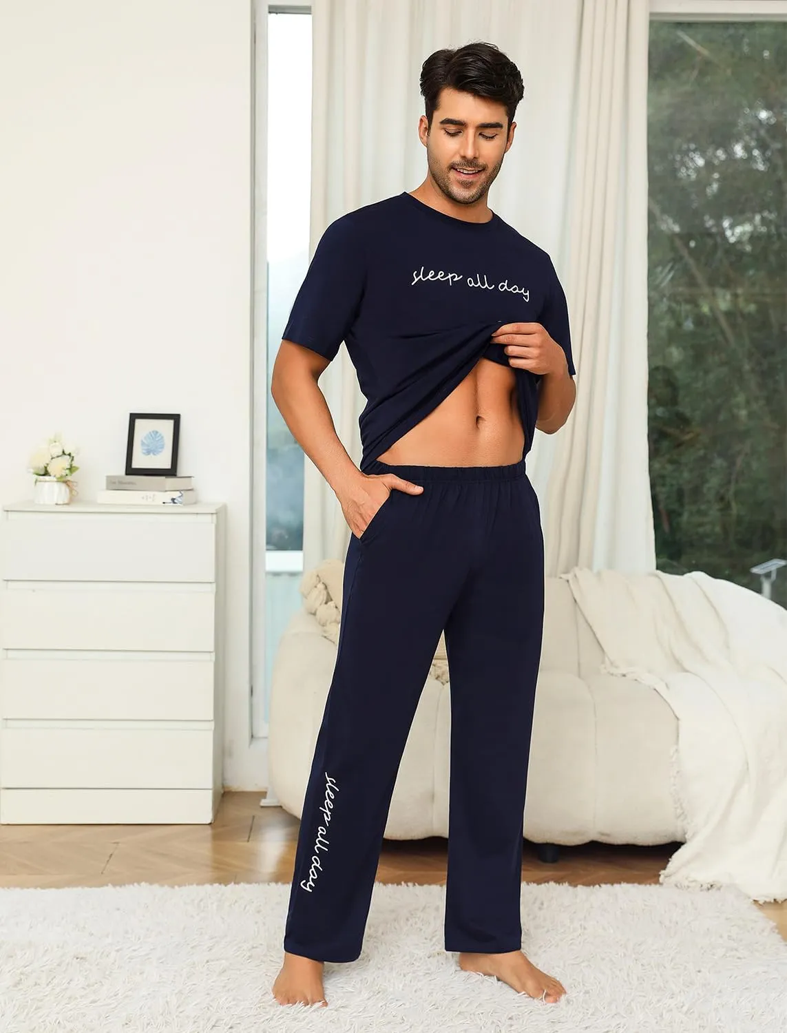 EISHOPEER Cotton Matching Pajamas for Couples Cute Printed Short Sleeve Top & Long Pants Sleepwear Pjs Sets