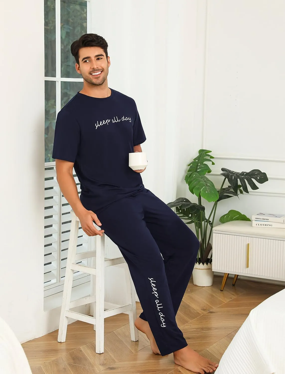 EISHOPEER Cotton Matching Pajamas for Couples Cute Printed Short Sleeve Top & Long Pants Sleepwear Pjs Sets