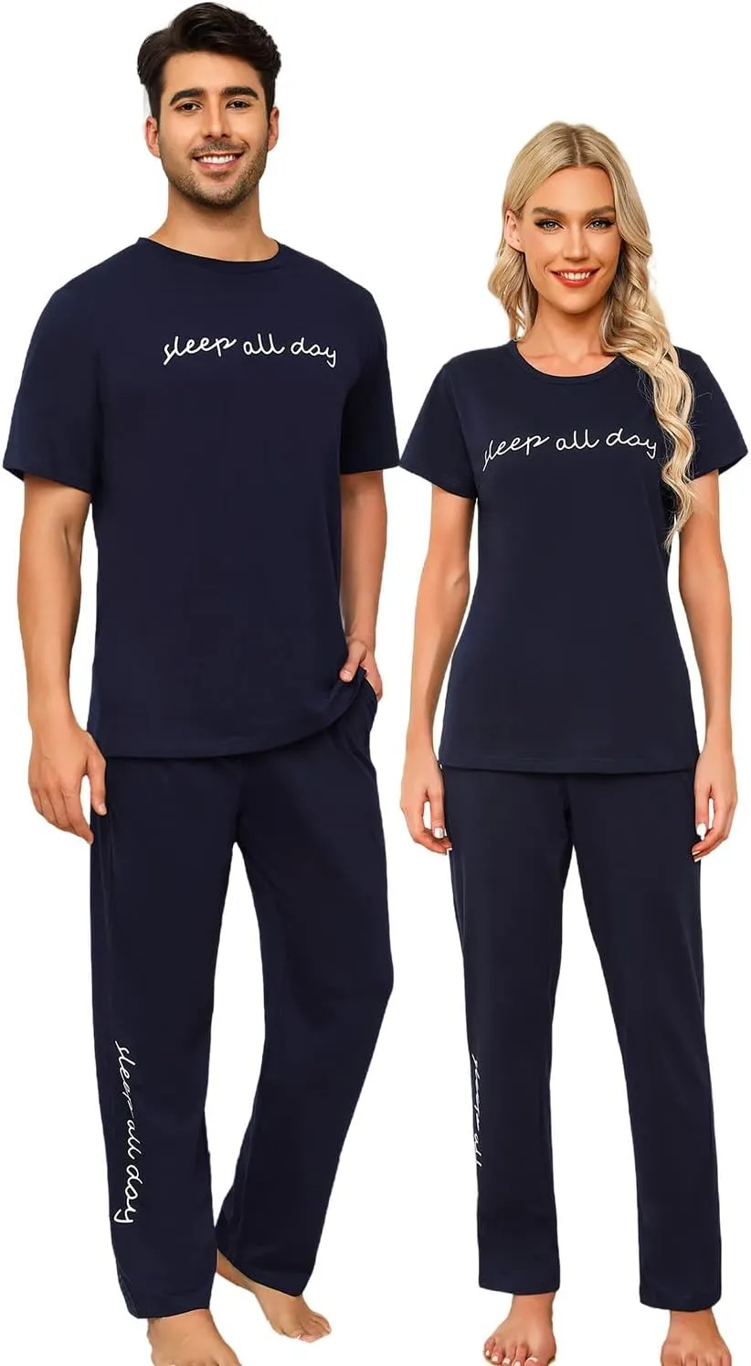 EISHOPEER Cotton Matching Pajamas for Couples Cute Printed Short Sleeve Top & Long Pants Sleepwear Pjs Sets