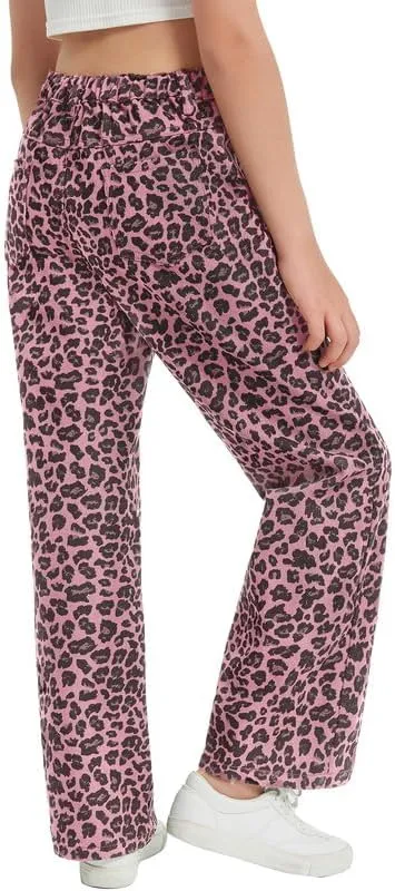 EXARUS Girls Wide Leg/Flare Jeans Bow Embroidery/Leopard Print Denim Pants with Pockets Casual for Kids 6-14Y
