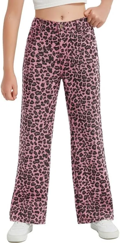 EXARUS Girls Wide Leg/Flare Jeans Bow Embroidery/Leopard Print Denim Pants with Pockets Casual for Kids 6-14Y