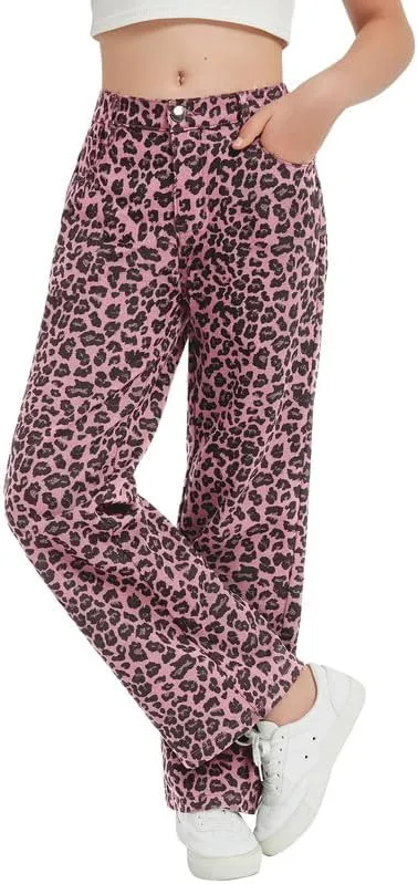 EXARUS Girls Wide Leg/Flare Jeans Bow Embroidery/Leopard Print Denim Pants with Pockets Casual for Kids 6-14Y