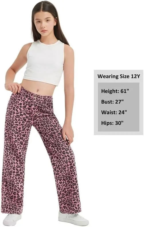 EXARUS Girls Wide Leg/Flare Jeans Bow Embroidery/Leopard Print Denim Pants with Pockets Casual for Kids 6-14Y