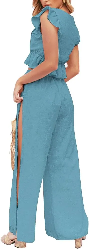 FANCYINN Womens 2 Pieces Outfits Deep V Neck Crop Top Side Slit Drawstring Wide Leg Pants Set Jumpsuits