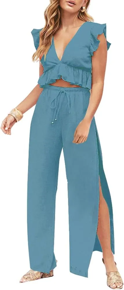 FANCYINN Womens 2 Pieces Outfits Deep V Neck Crop Top Side Slit Drawstring Wide Leg Pants Set Jumpsuits