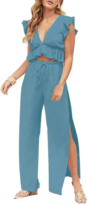 FANCYINN Womens 2 Pieces Outfits Deep V Neck Crop Top Side Slit Drawstring Wide Leg Pants Set Jumpsuits