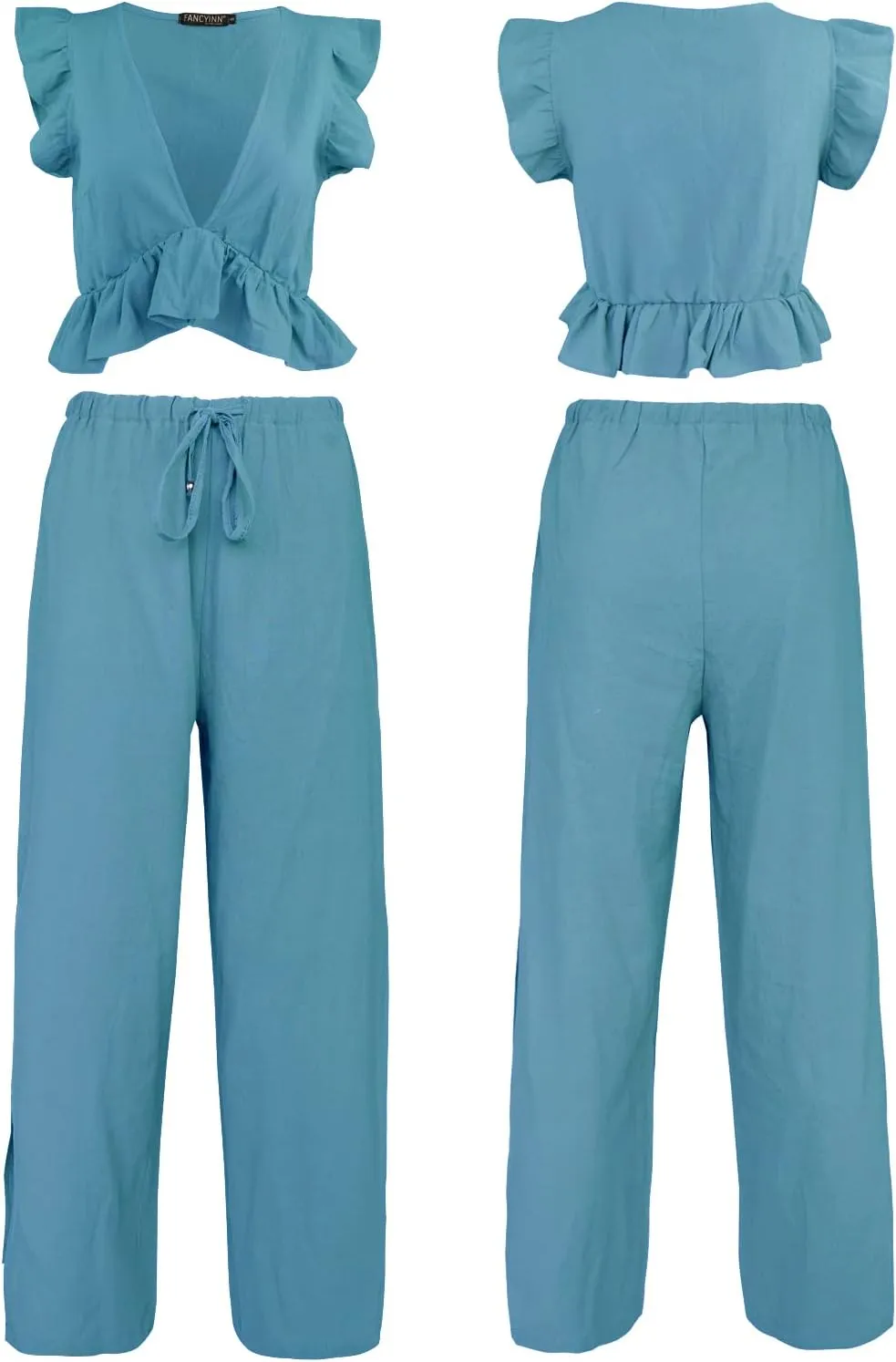 FANCYINN Womens 2 Pieces Outfits Deep V Neck Crop Top Side Slit Drawstring Wide Leg Pants Set Jumpsuits