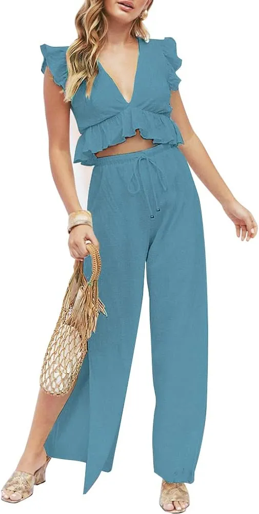 FANCYINN Womens 2 Pieces Outfits Deep V Neck Crop Top Side Slit Drawstring Wide Leg Pants Set Jumpsuits