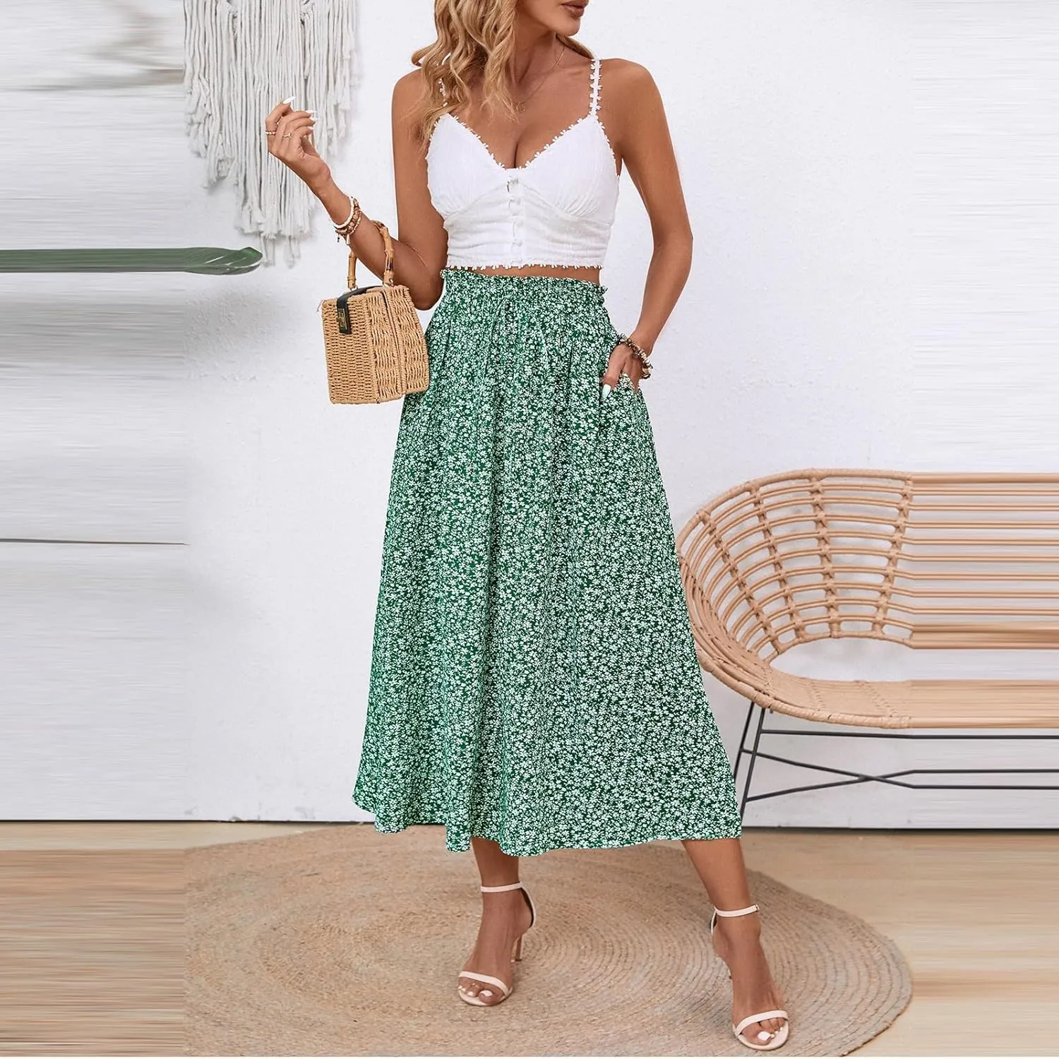 Floral Maxi Skirt for Women Summer Comfy Tiered Elastic High Waisted Skirts Vacation A-Line Flowy Swing Long Skirts
