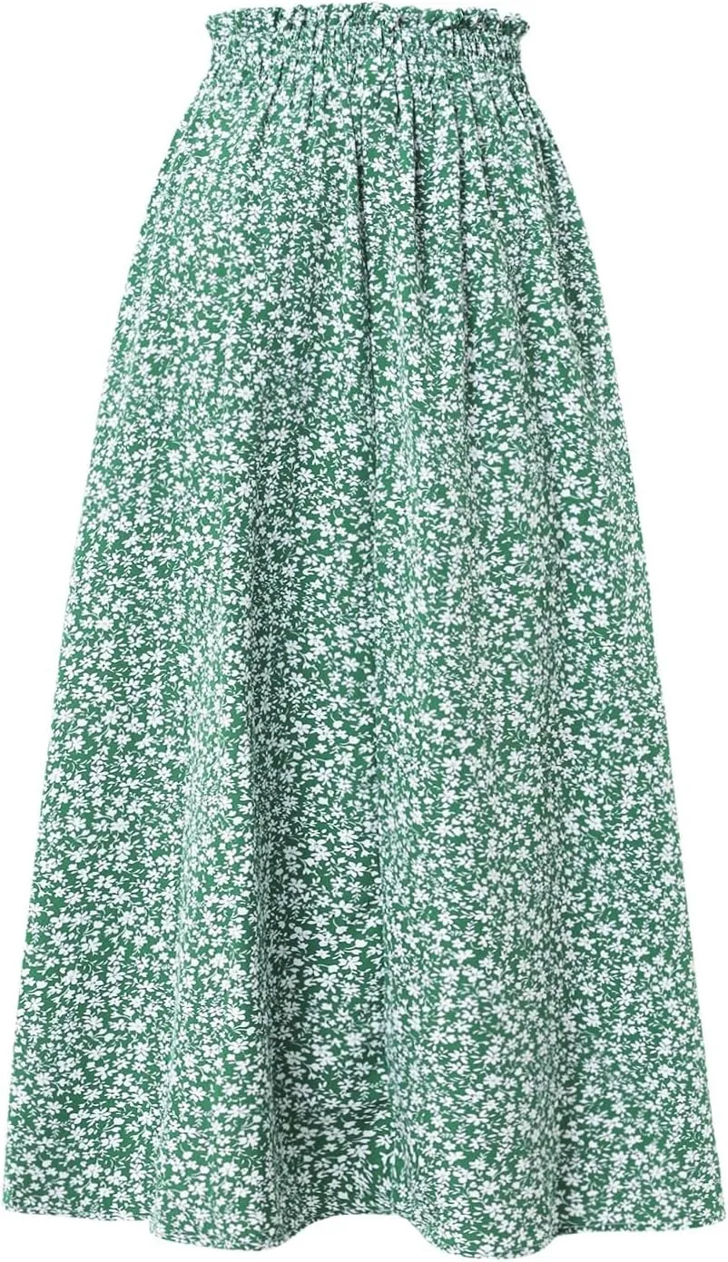 Floral Maxi Skirt for Women Summer Comfy Tiered Elastic High Waisted Skirts Vacation A-Line Flowy Swing Long Skirts