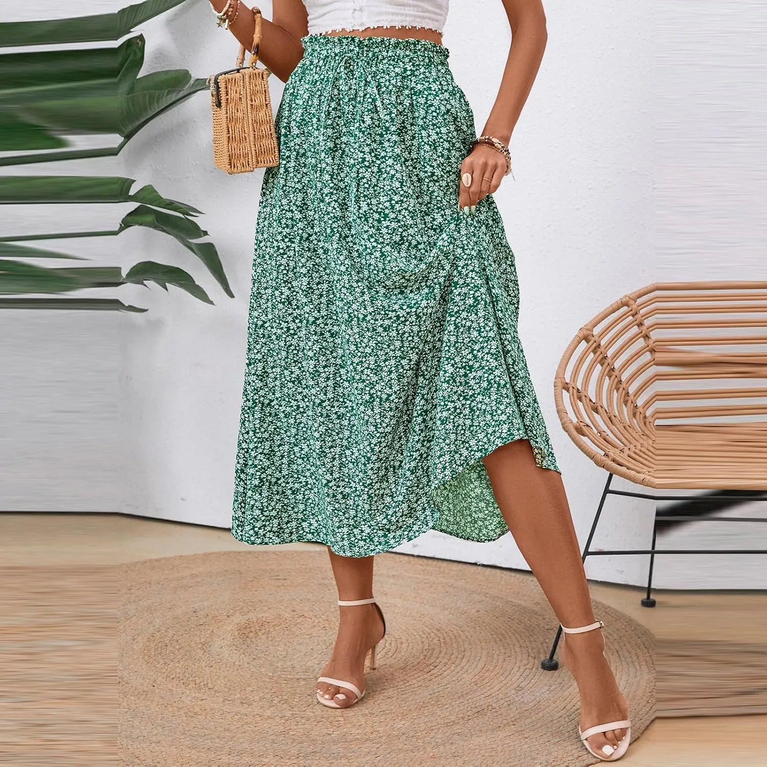 Floral Maxi Skirt for Women Summer Comfy Tiered Elastic High Waisted Skirts Vacation A-Line Flowy Swing Long Skirts
