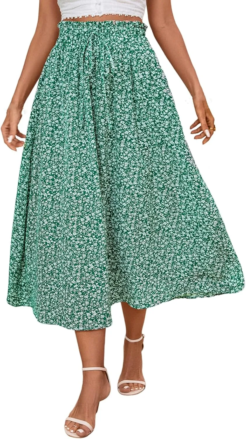 Floral Maxi Skirt for Women Summer Comfy Tiered Elastic High Waisted Skirts Vacation A-Line Flowy Swing Long Skirts