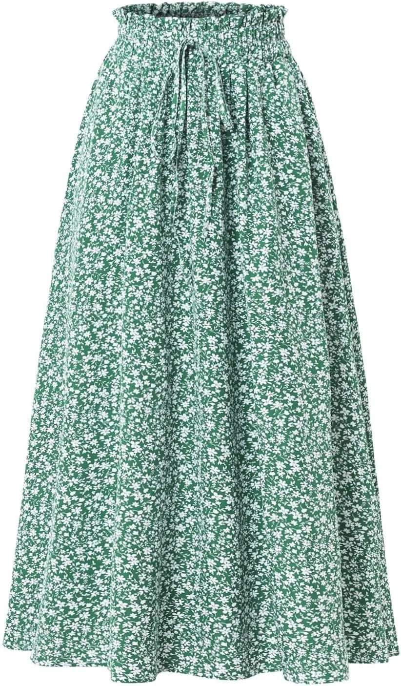 Floral Maxi Skirt for Women Summer Comfy Tiered Elastic High Waisted Skirts Vacation A-Line Flowy Swing Long Skirts
