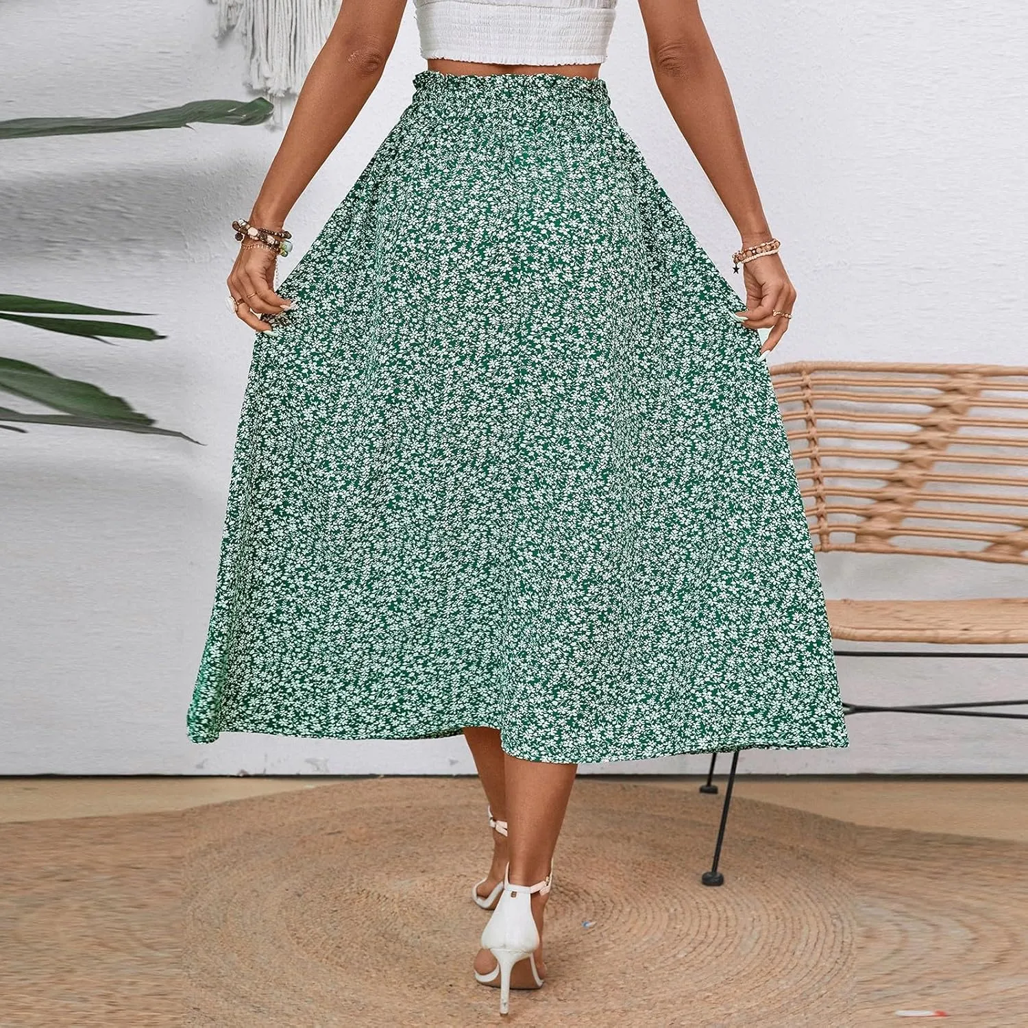 Floral Maxi Skirt for Women Summer Comfy Tiered Elastic High Waisted Skirts Vacation A-Line Flowy Swing Long Skirts