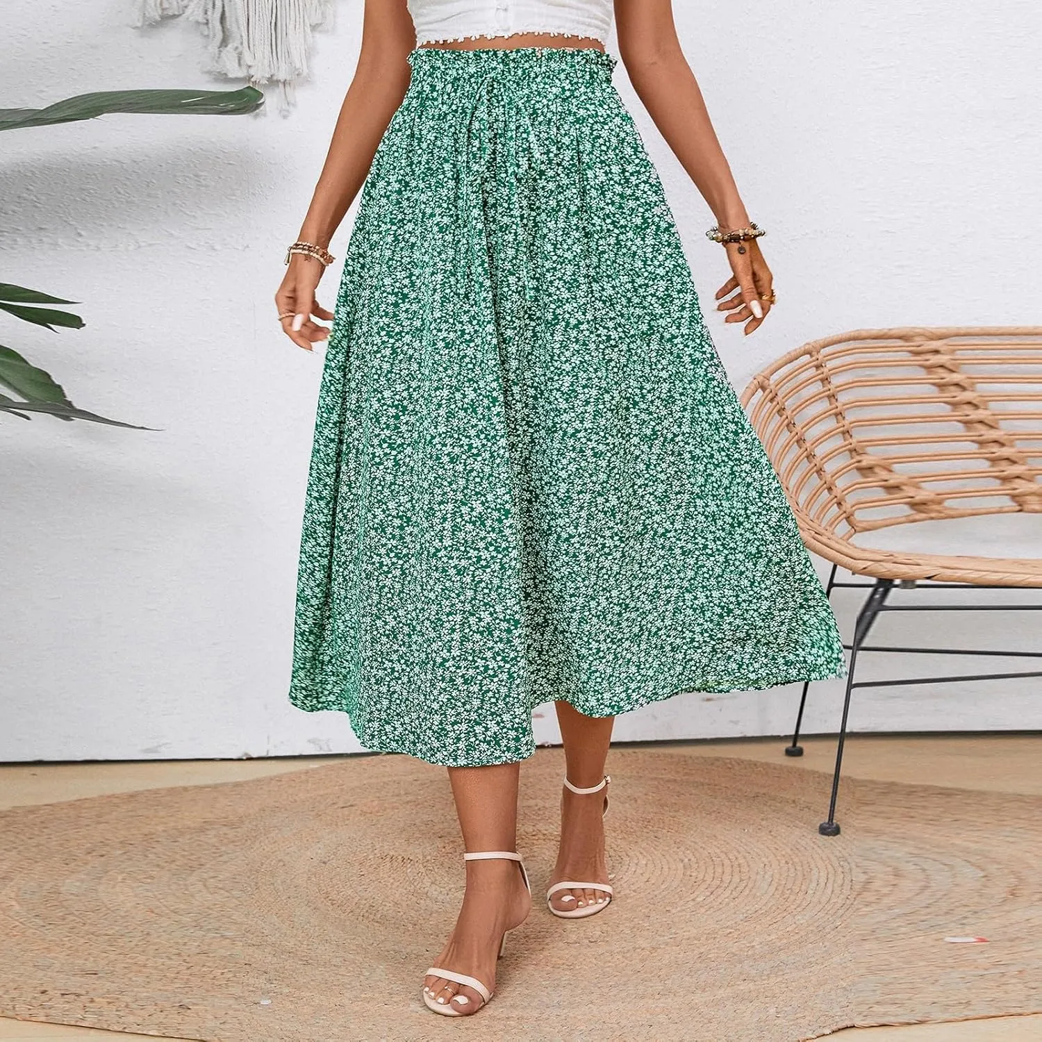 Floral Maxi Skirt for Women Summer Comfy Tiered Elastic High Waisted Skirts Vacation A-Line Flowy Swing Long Skirts