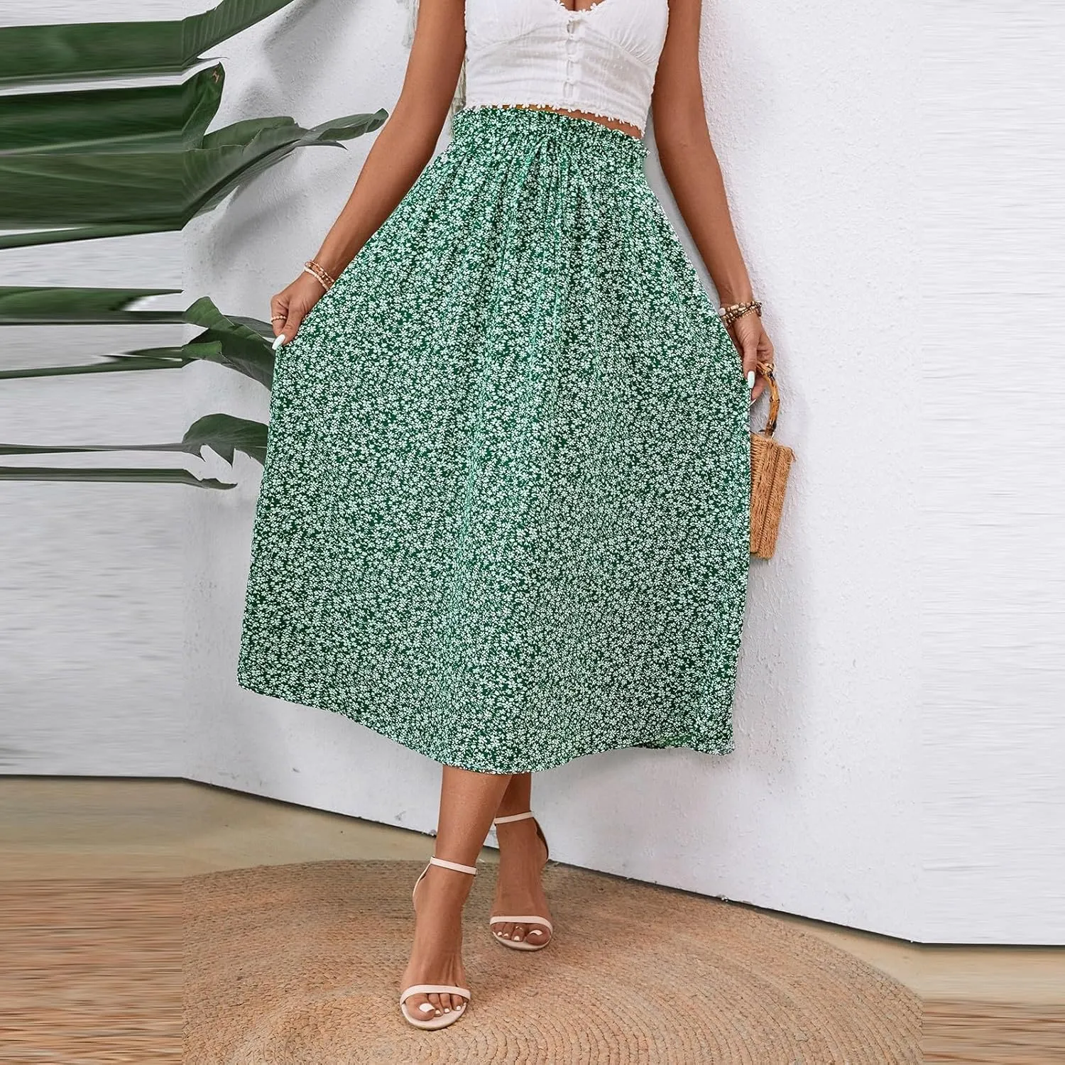 Floral Maxi Skirt for Women Summer Comfy Tiered Elastic High Waisted Skirts Vacation A-Line Flowy Swing Long Skirts