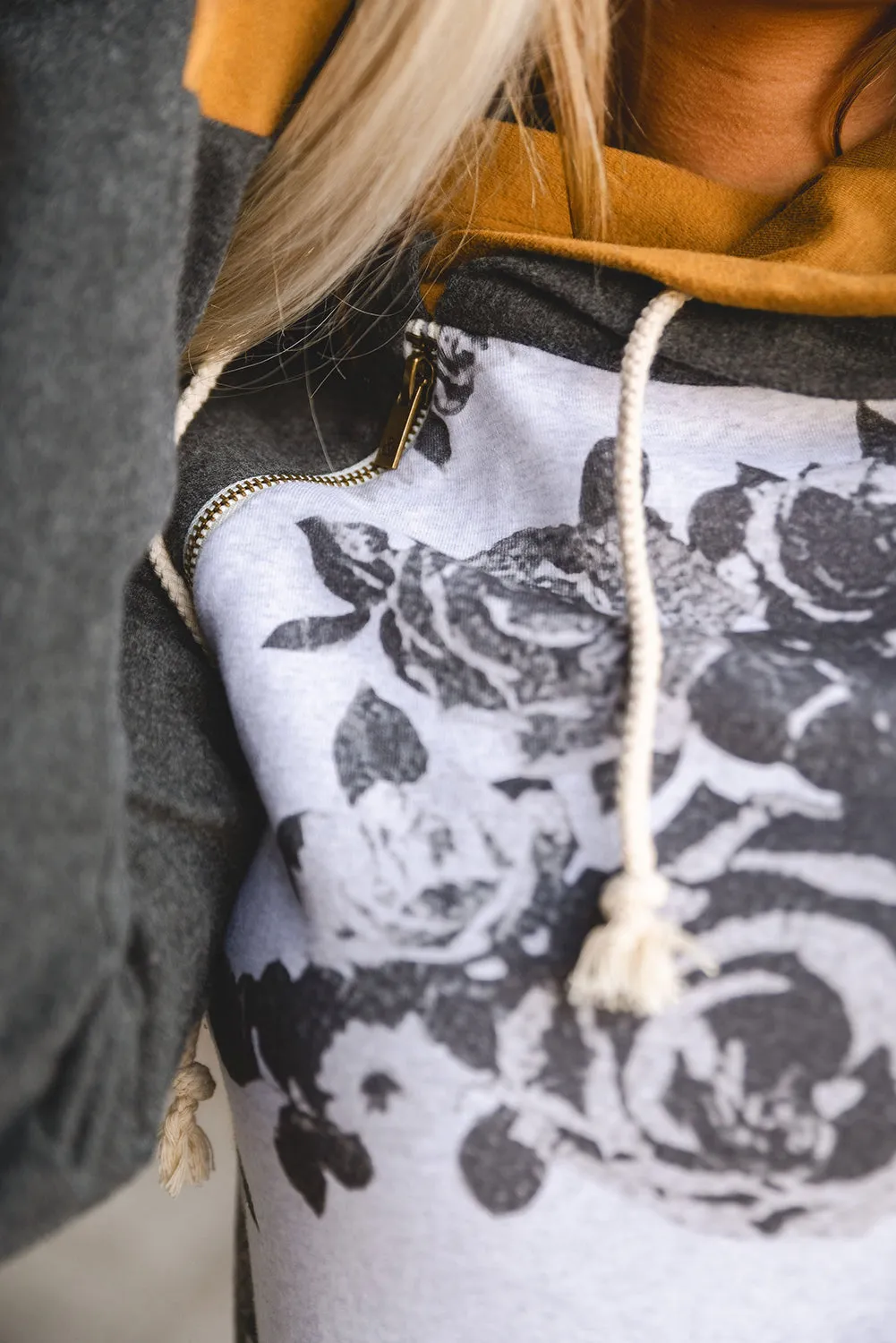 Floral Pattern Raglan Sleeves Double Hood Sweatshirt