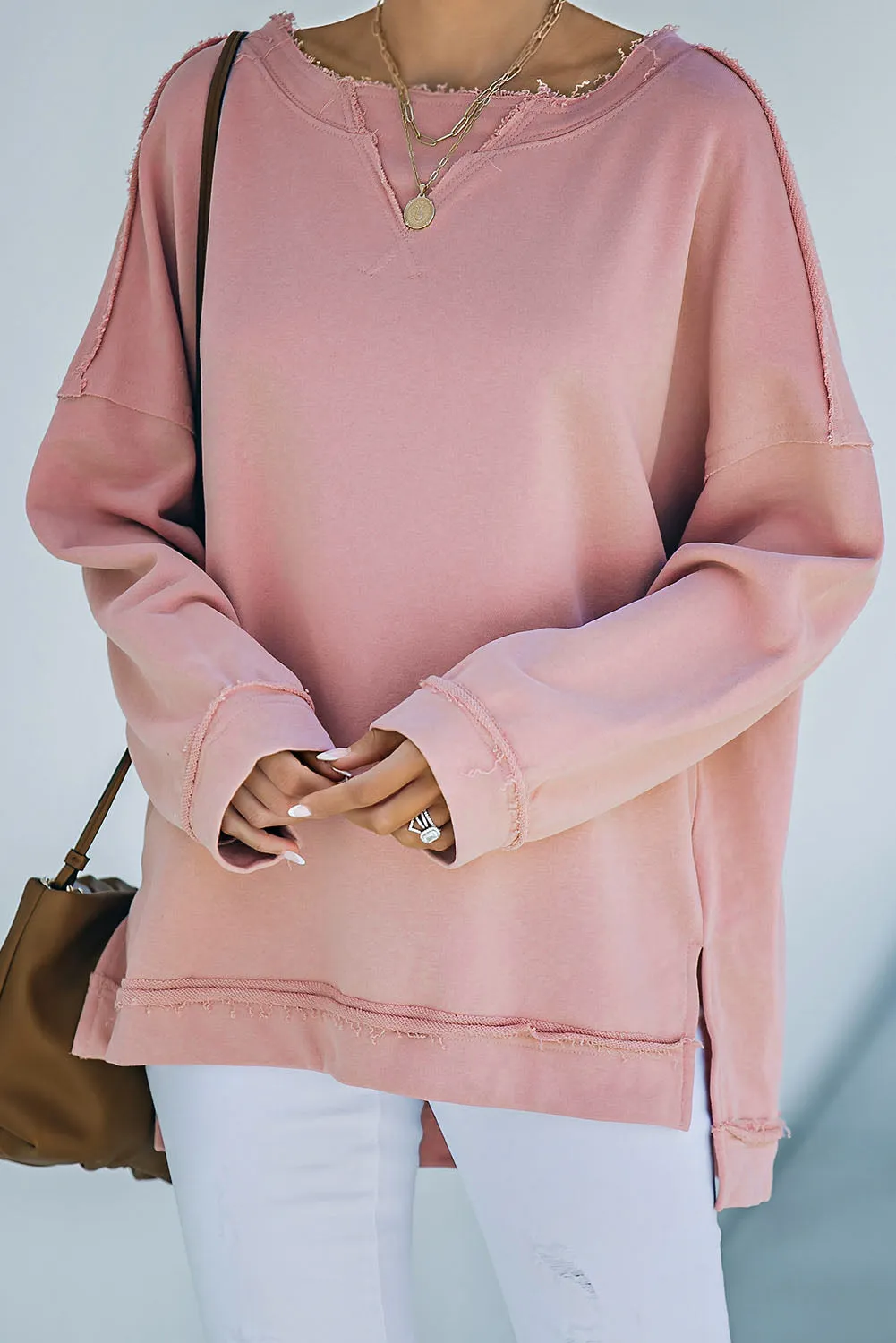 Frayed Trim Side Slit Loose Sweatshirt