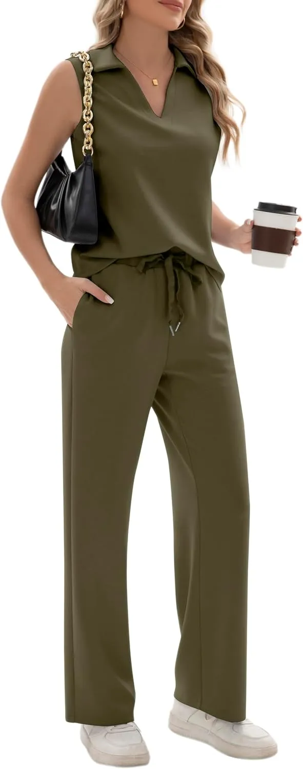 FUNYYZO Women's 2 Piece Outfits Lounge Sets Casual Sleeveless Summer V-Neck Dressy Collared Tracksuit Lounge