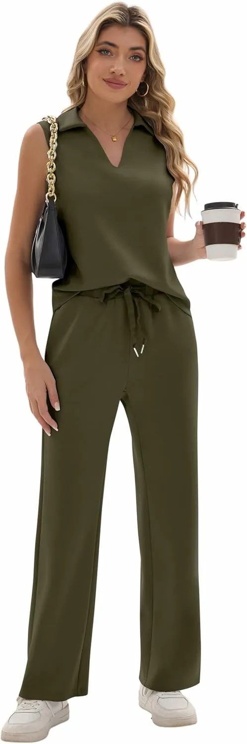 FUNYYZO Women's 2 Piece Outfits Lounge Sets Casual Sleeveless Summer V-Neck Dressy Collared Tracksuit Lounge