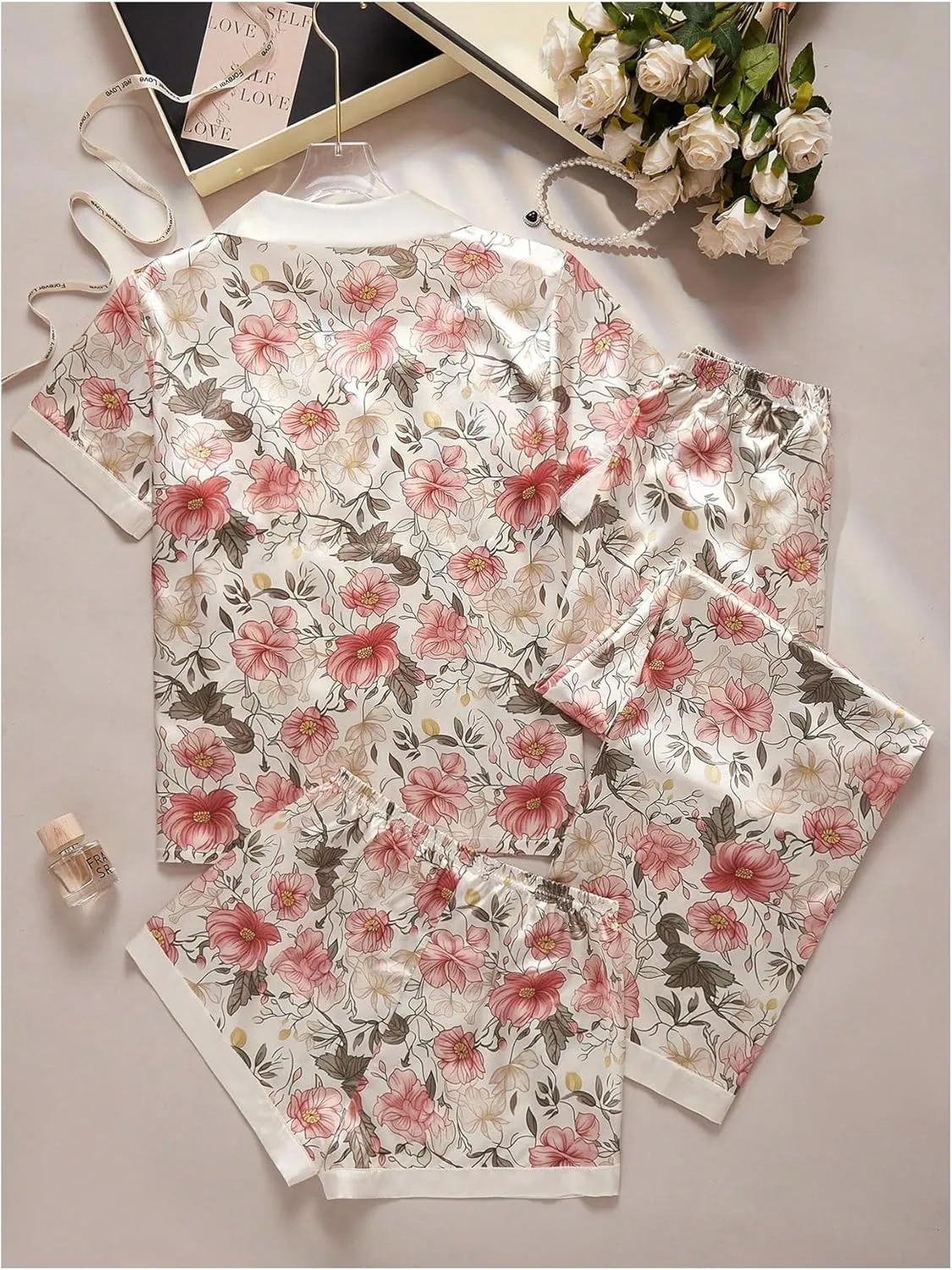GORGLITTER Women's 3 Piece Floral Silky Satin Pajama Set Button Down Shirt Shorts Pants Sleepwear Sets