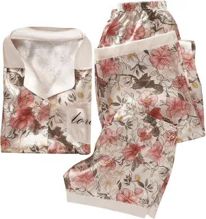 GORGLITTER Women's 3 Piece Floral Silky Satin Pajama Set Button Down Shirt Shorts Pants Sleepwear Sets