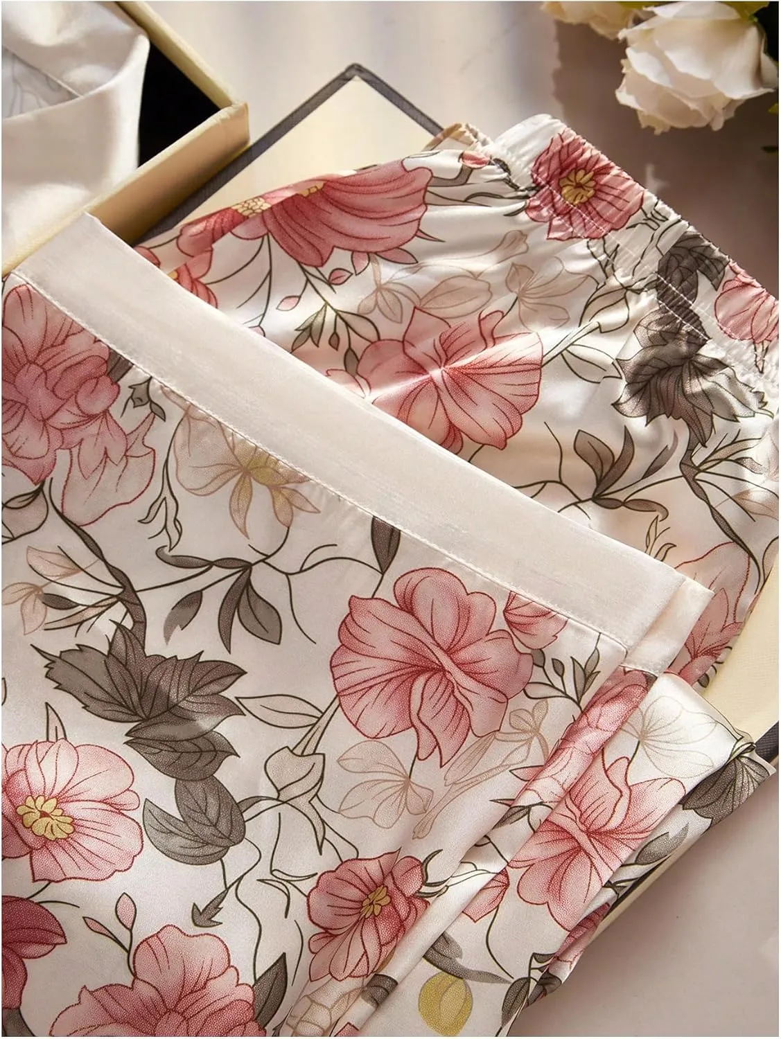 GORGLITTER Women's 3 Piece Floral Silky Satin Pajama Set Button Down Shirt Shorts Pants Sleepwear Sets