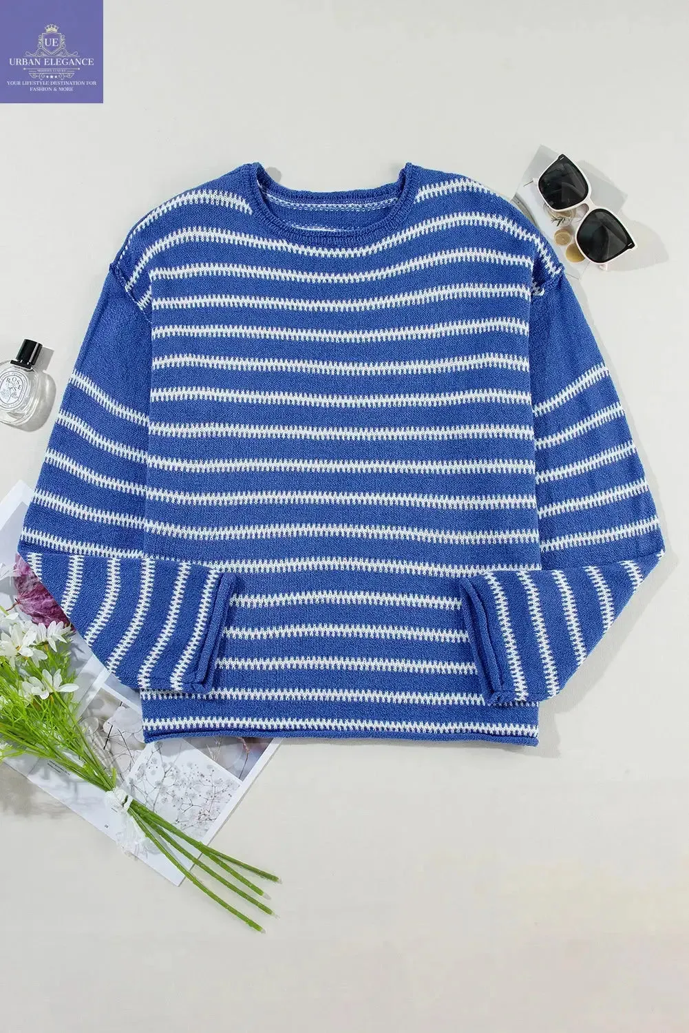 Green Stripe Drop Shoulder Casual Sweater