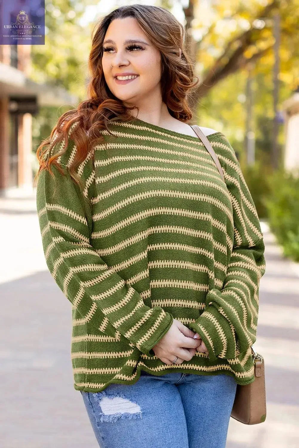 Green Stripe Drop Shoulder Casual Sweater