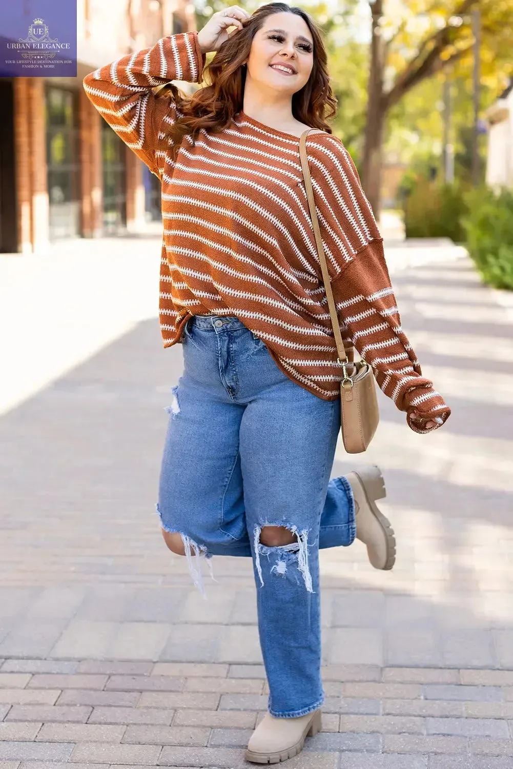 Green Stripe Drop Shoulder Casual Sweater